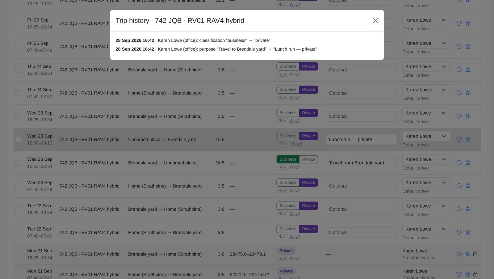 A trip history pop-up over the Review page listing two office changes to one trip, business to private and a new purpose, each with the date, time, who made it and the old and new values.