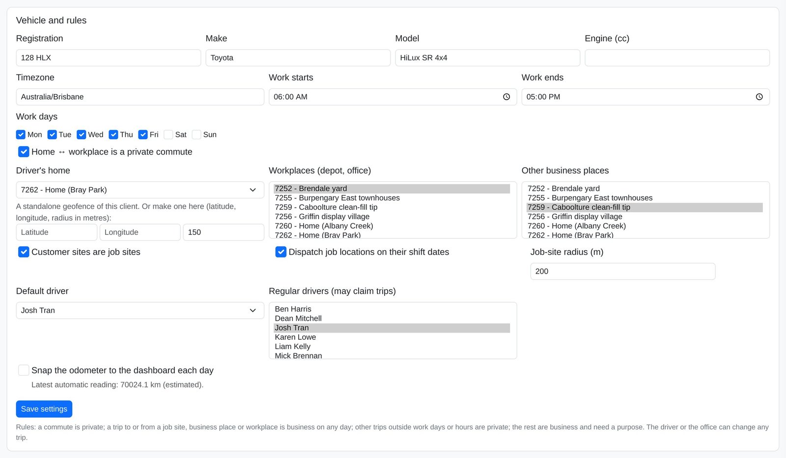 One car's logbook rules: registration, make, model, timezone, work hours and days, the private-commute setting, home, workplaces and other business places, job-site options and radius, default and regular drivers, and the dashboard odometer option.