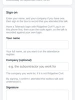 The public toolbox talk sign-on page on a phone, reached from the QR code: the company name, the talk's topic and date, boxes for a name and an optional company, a note for staff to log in first, a confirmation line and a signature box.