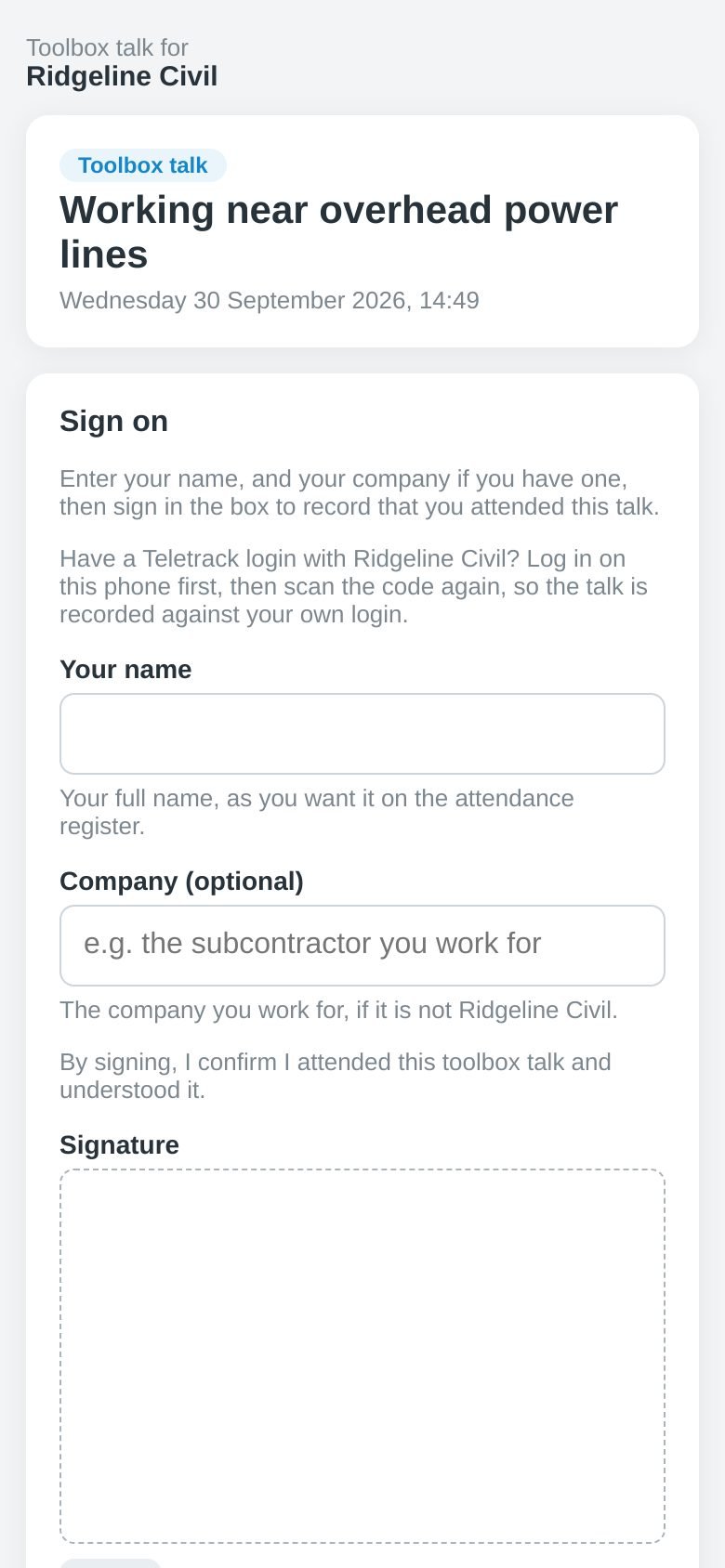 The public toolbox talk sign-on page on a phone, reached from the QR code: the company name, the talk's topic and date, boxes for a name and an optional company, a note for staff to log in first, a confirmation line and a signature box.