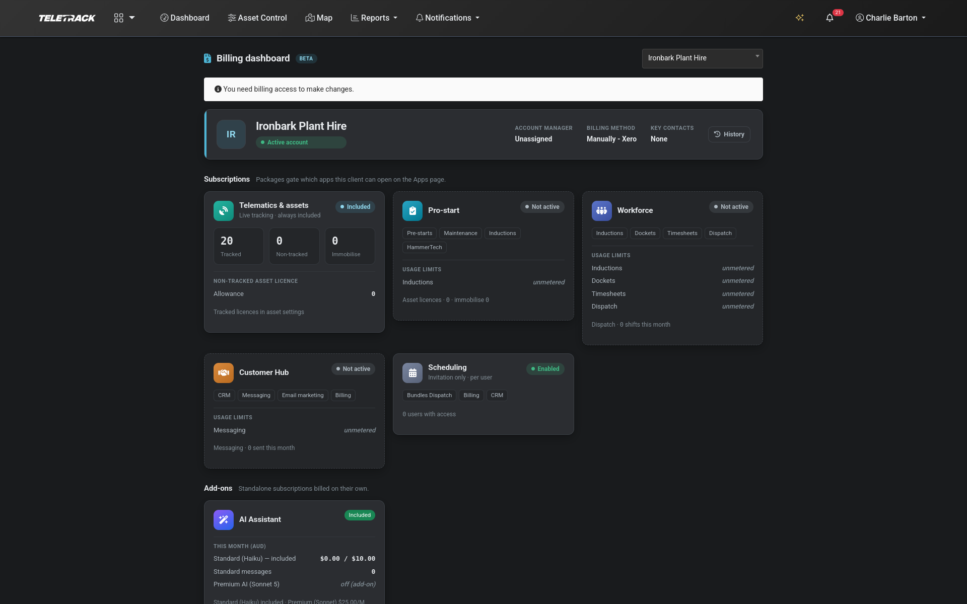 Teletrack platform — billing dashboard
