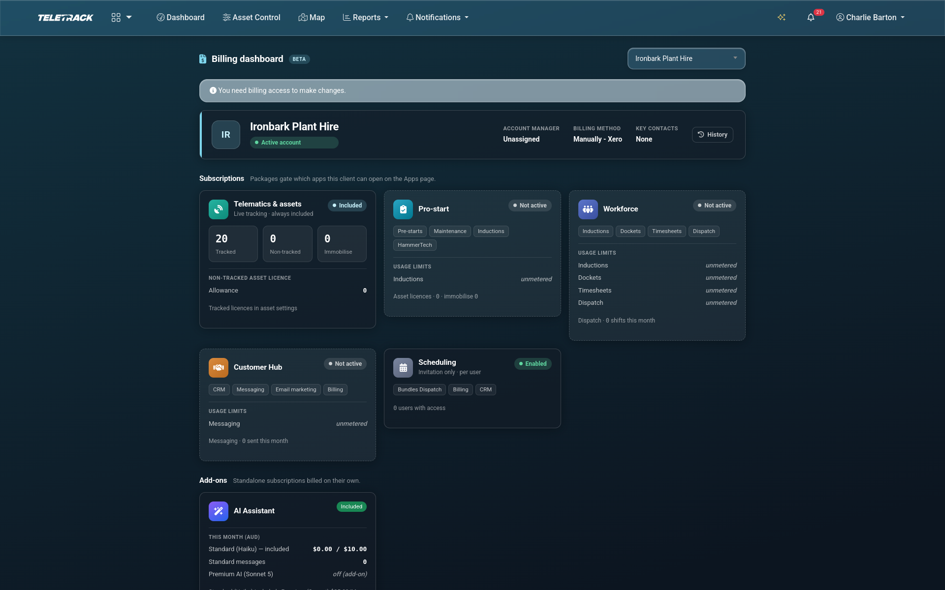 Teletrack platform — billing dashboard