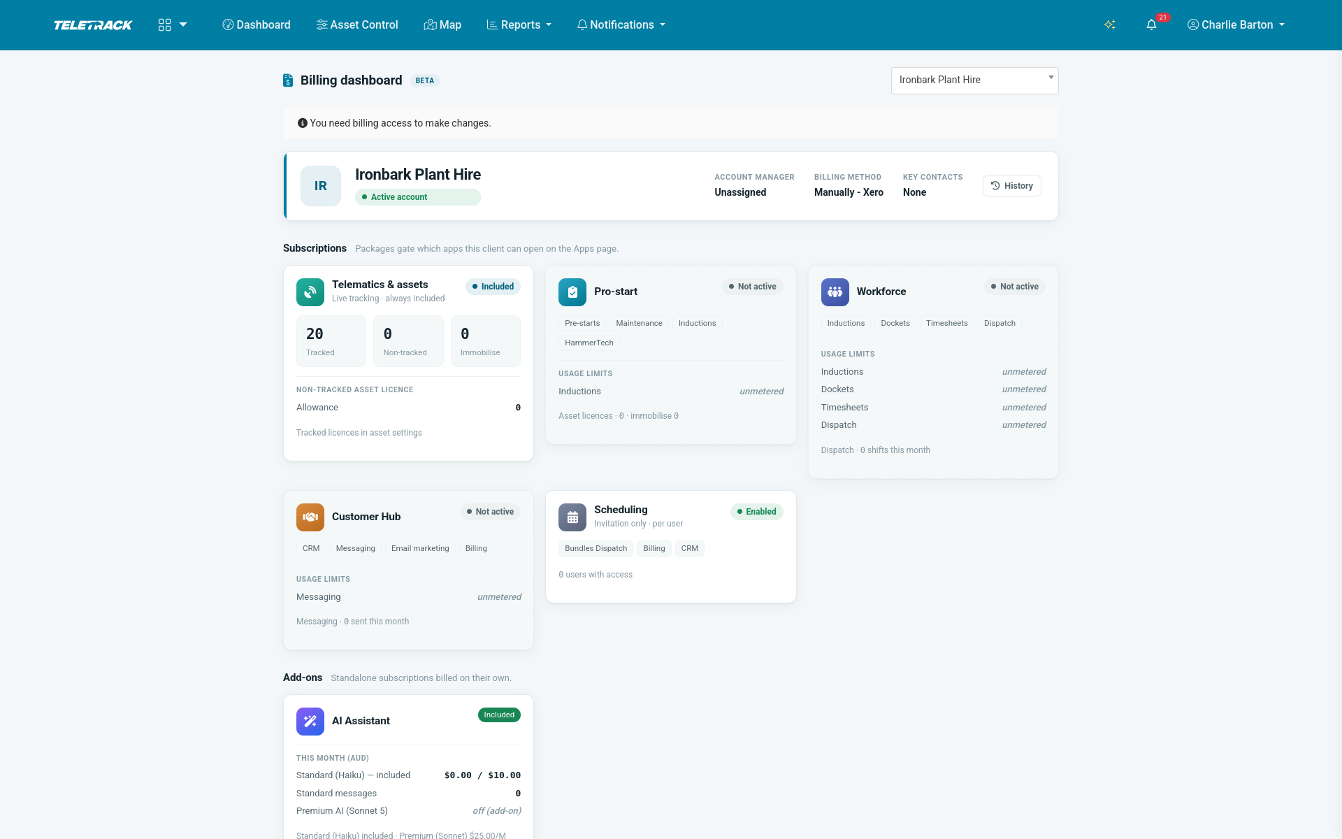 Teletrack platform — billing dashboard