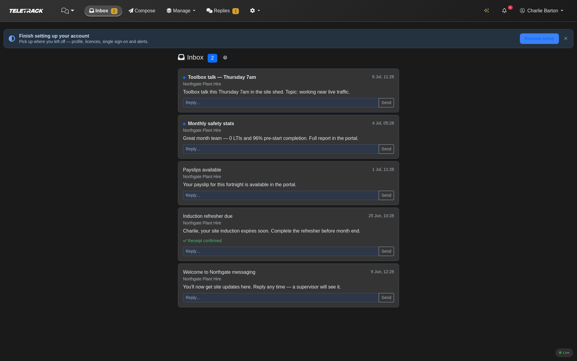 Teletrack platform — messaging inbox