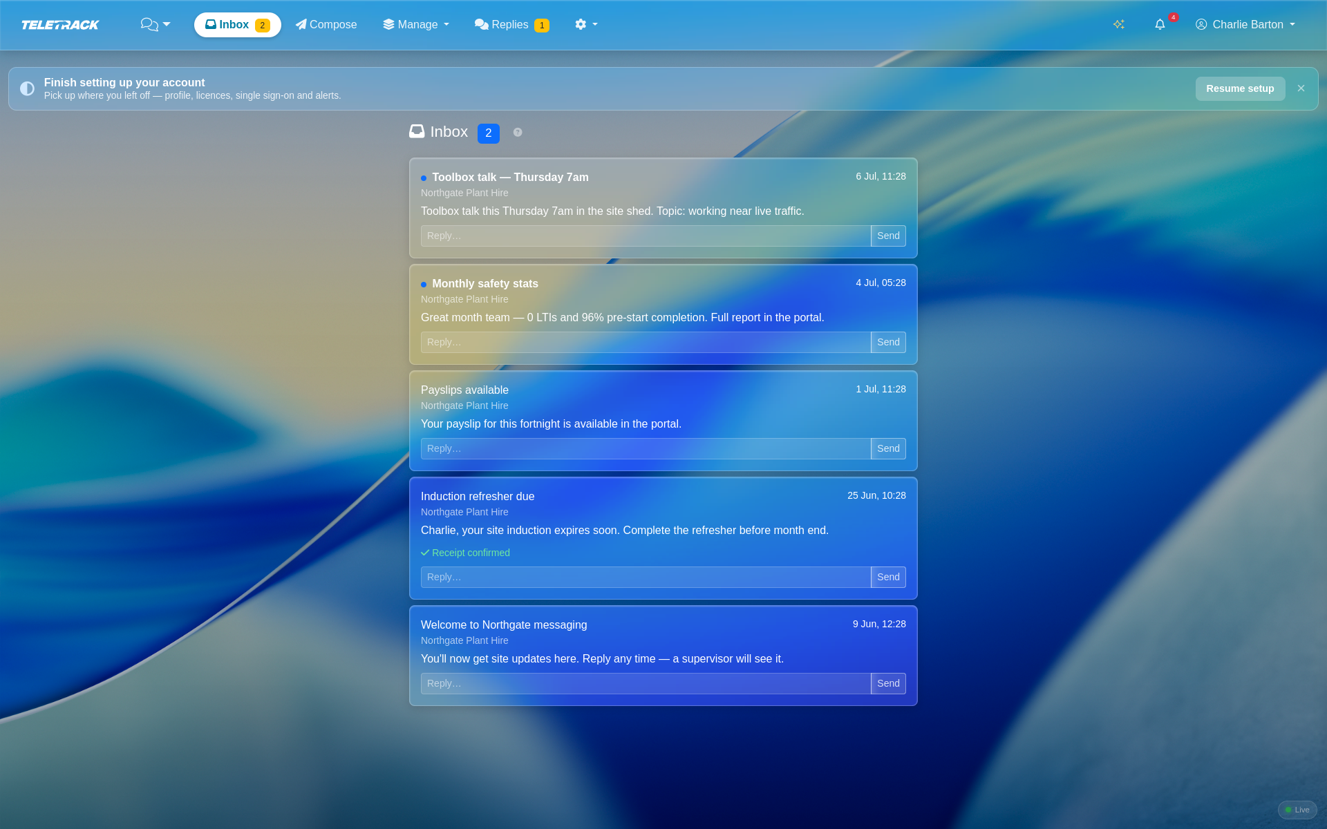 Teletrack platform — messaging inbox