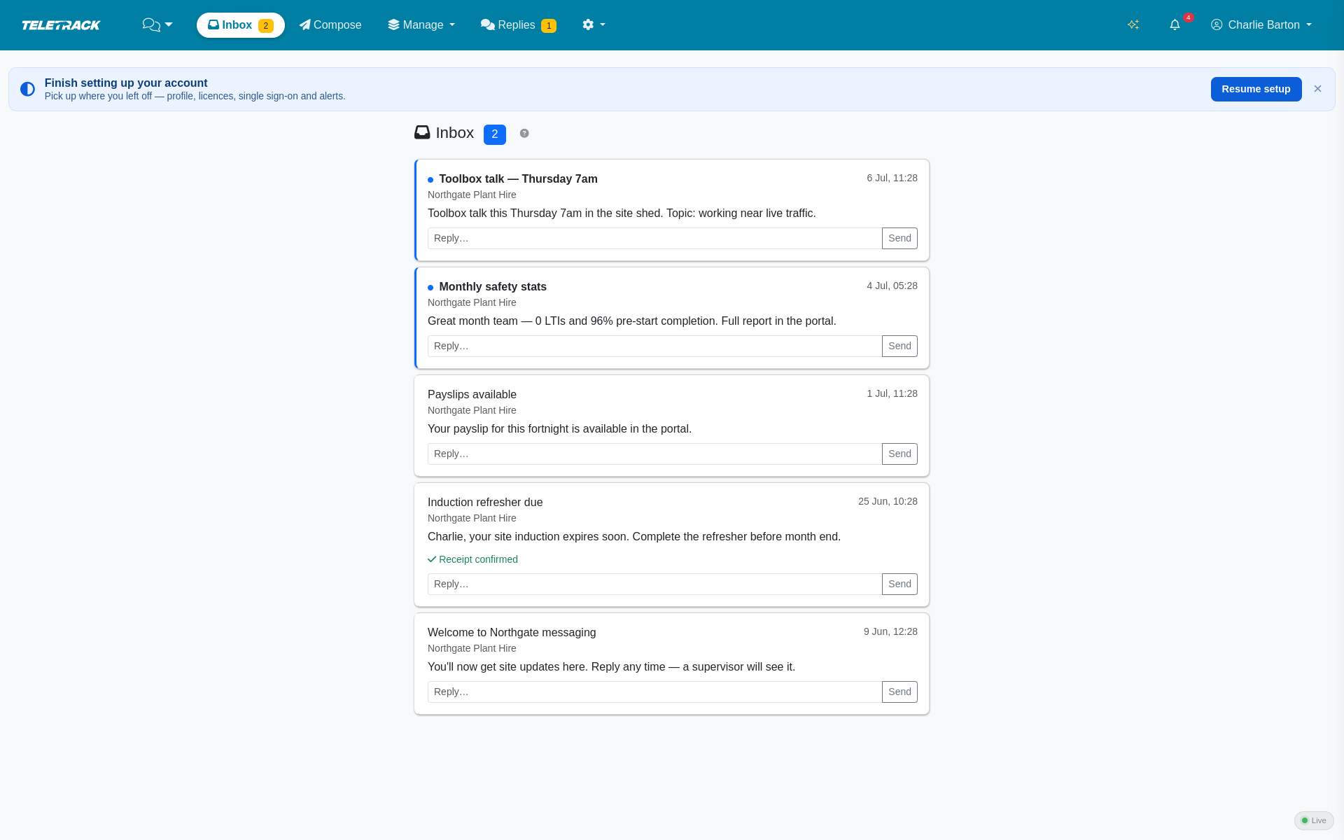 Teletrack platform — messaging inbox