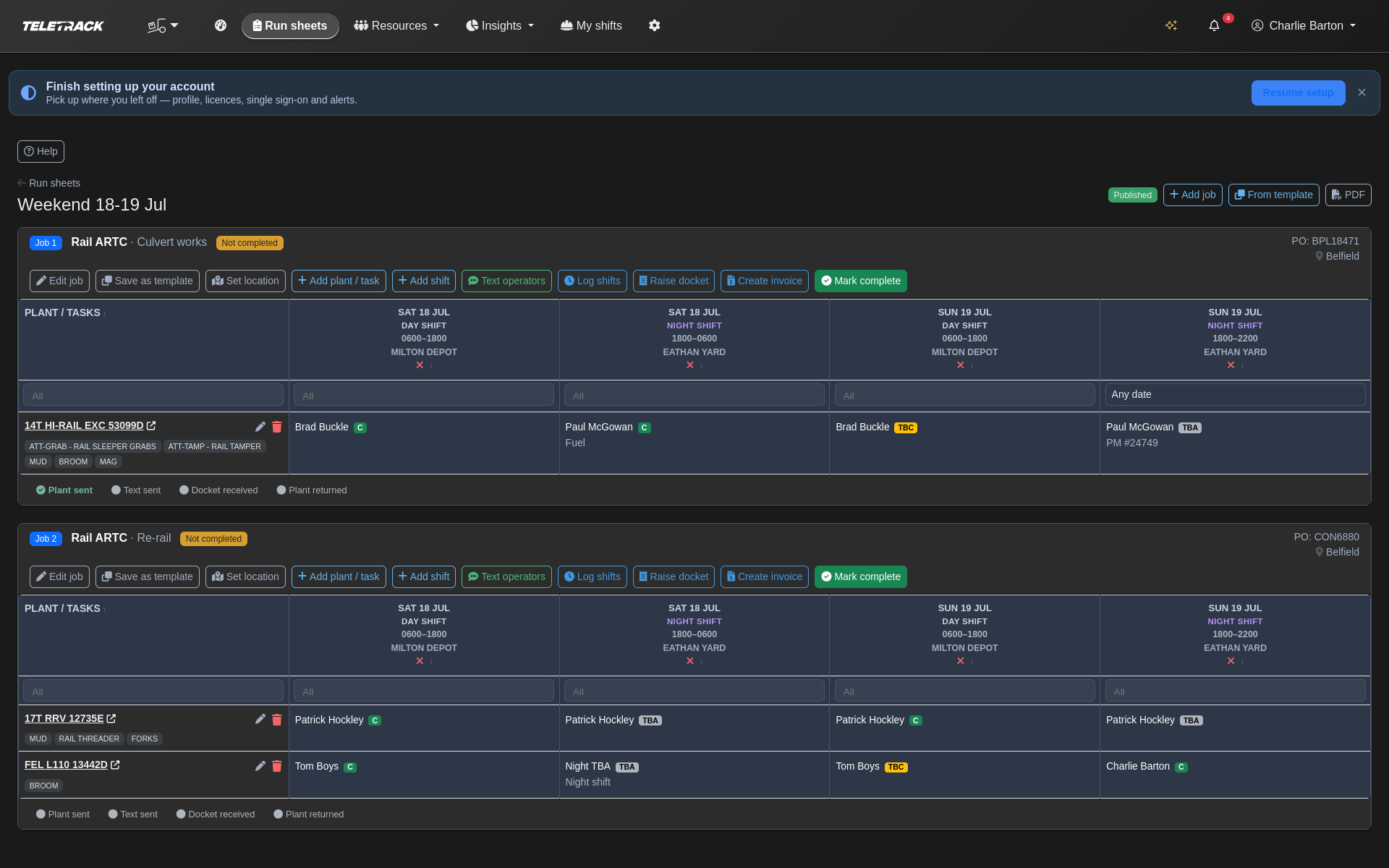 Teletrack platform — dispatch board