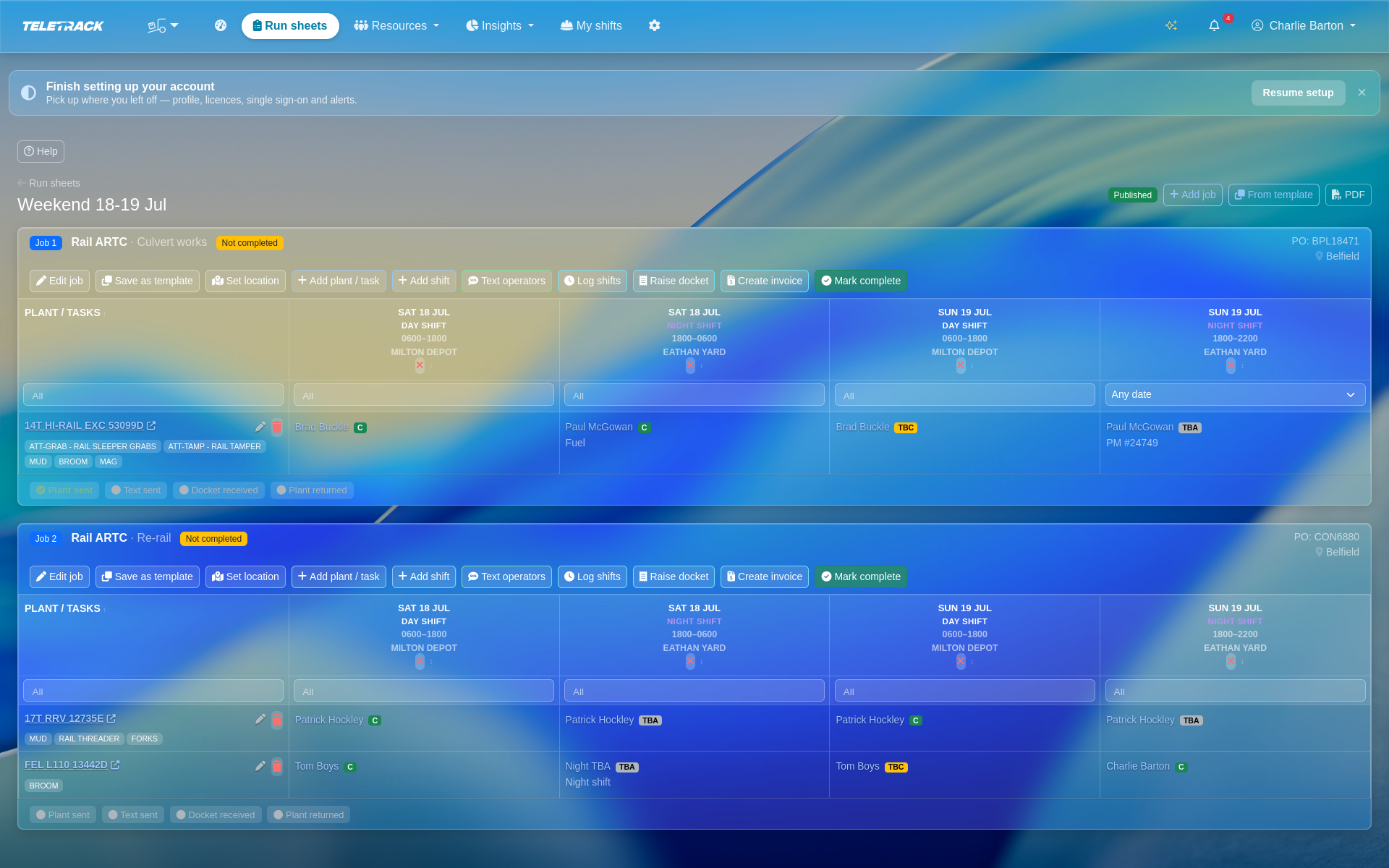 Teletrack platform — dispatch board