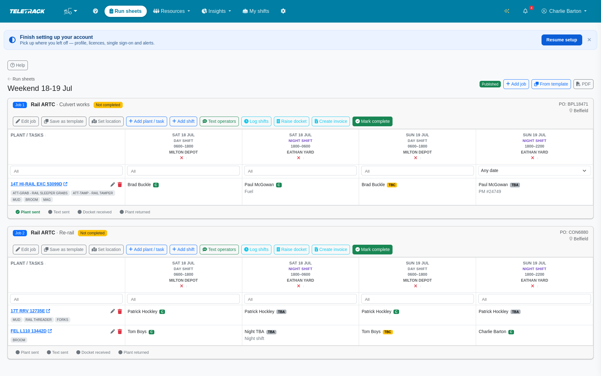 Teletrack platform — dispatch board