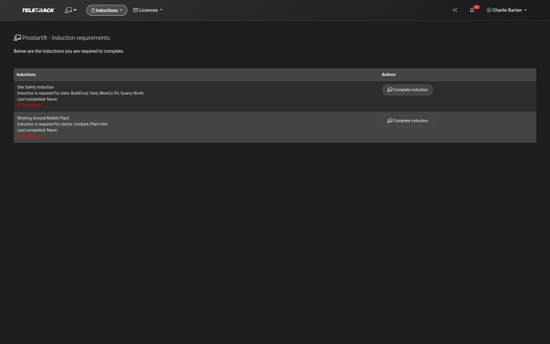 Teletrack platform — inductions