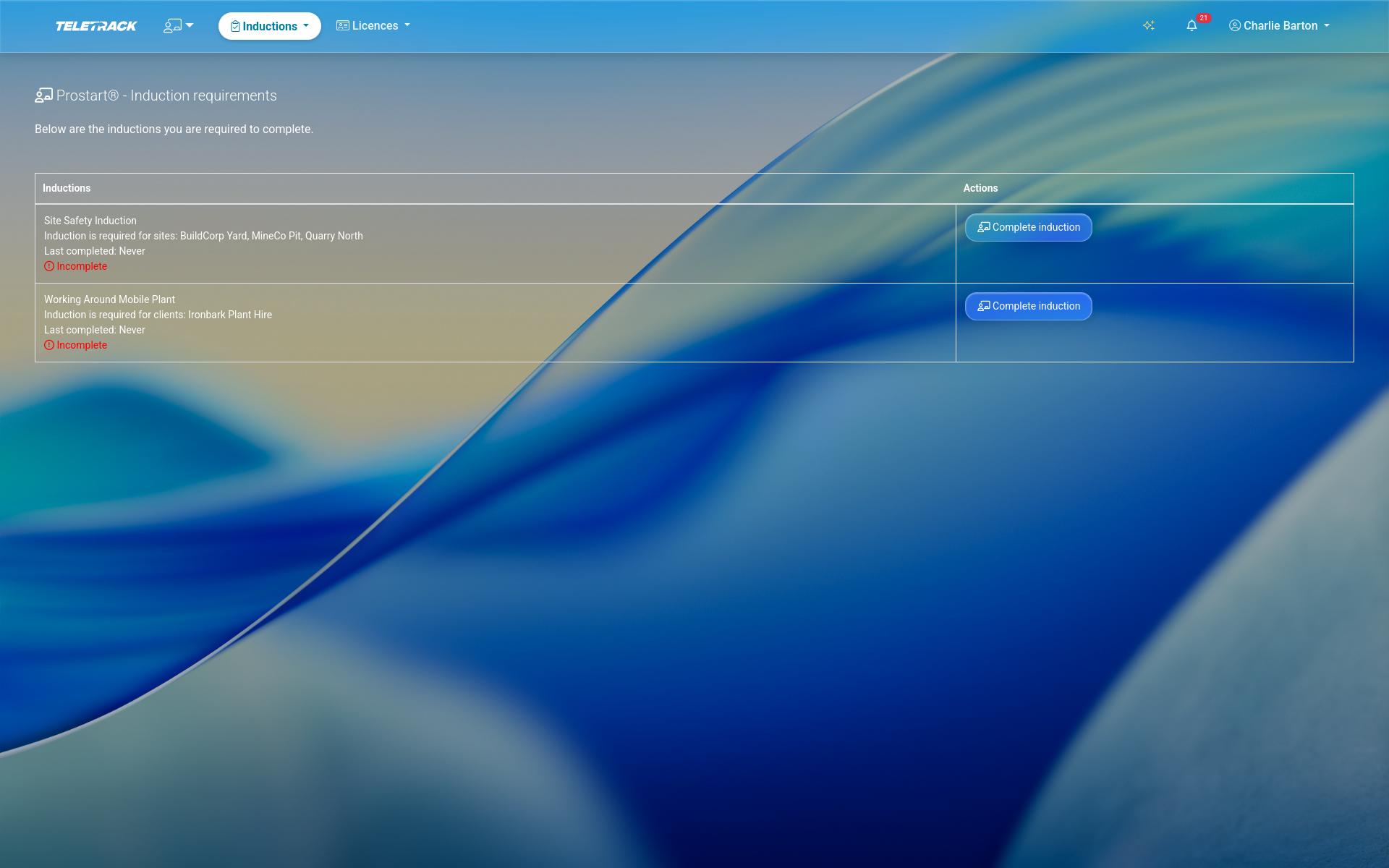 Teletrack platform — inductions