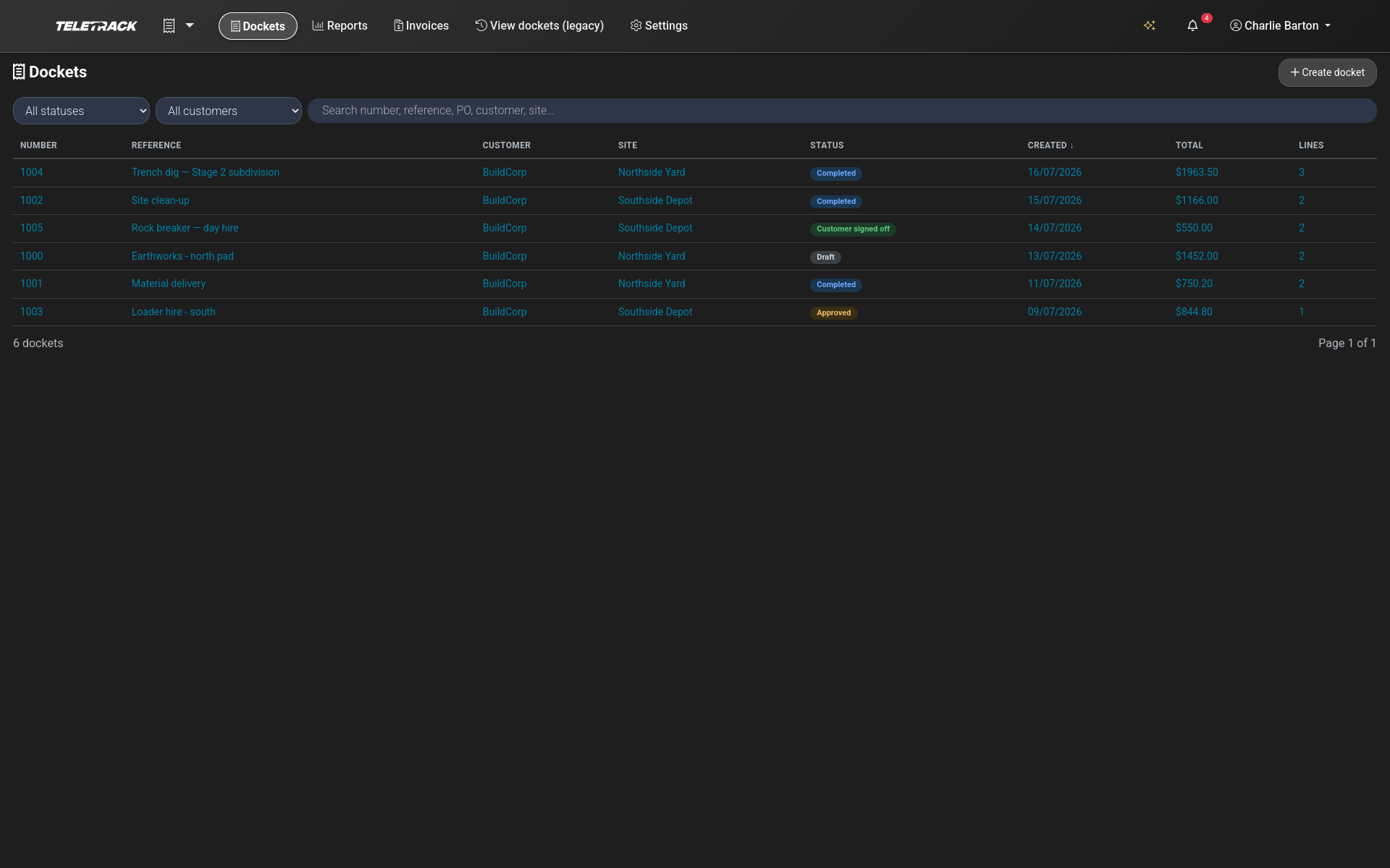 Teletrack platform — dockets board
