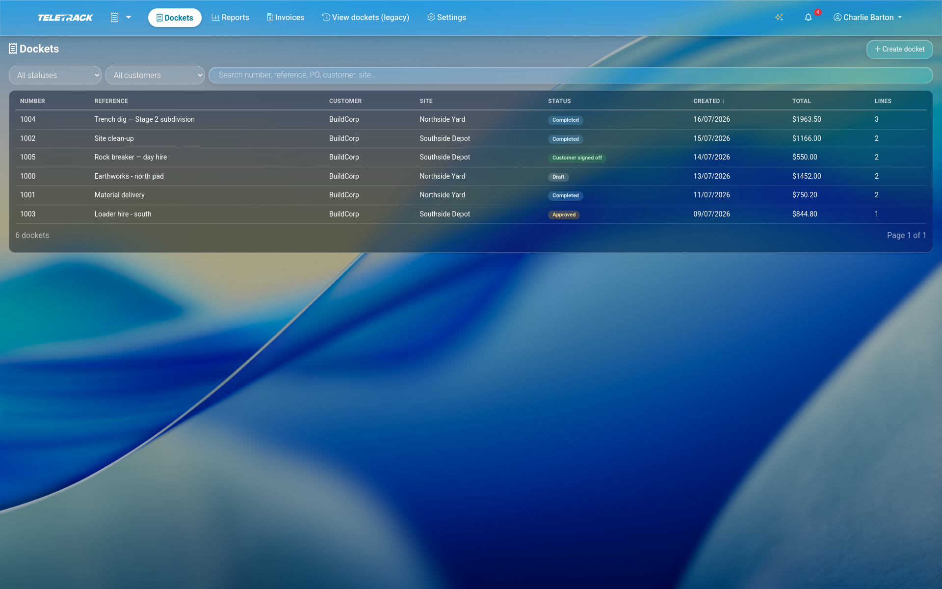 Teletrack platform — dockets board