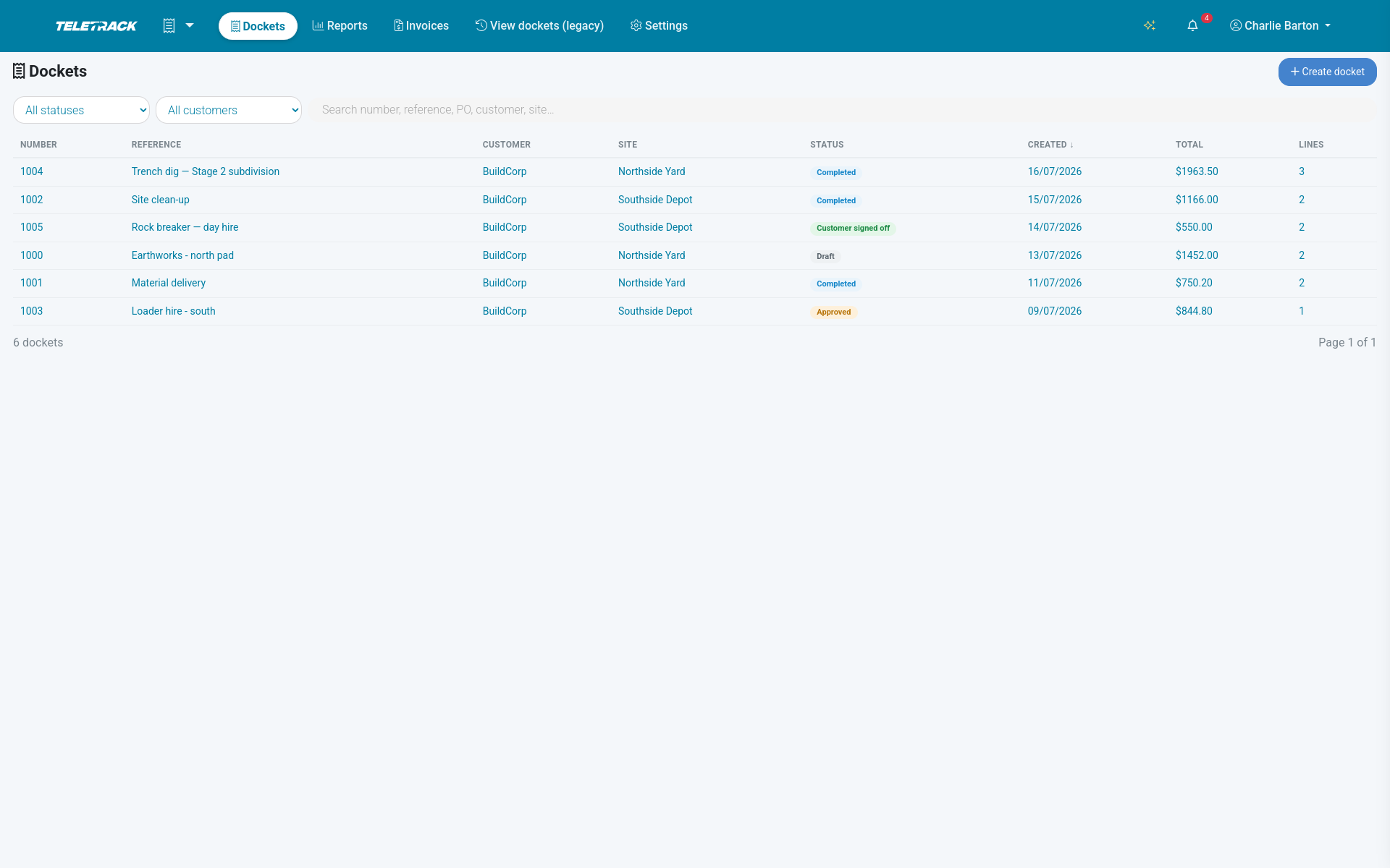 Teletrack platform — dockets board