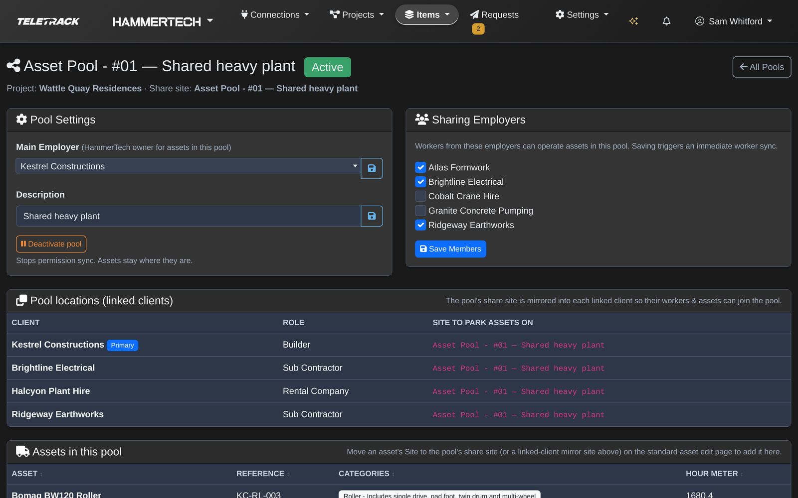 Teletrack platform — Asset pool, Shared heavy plant