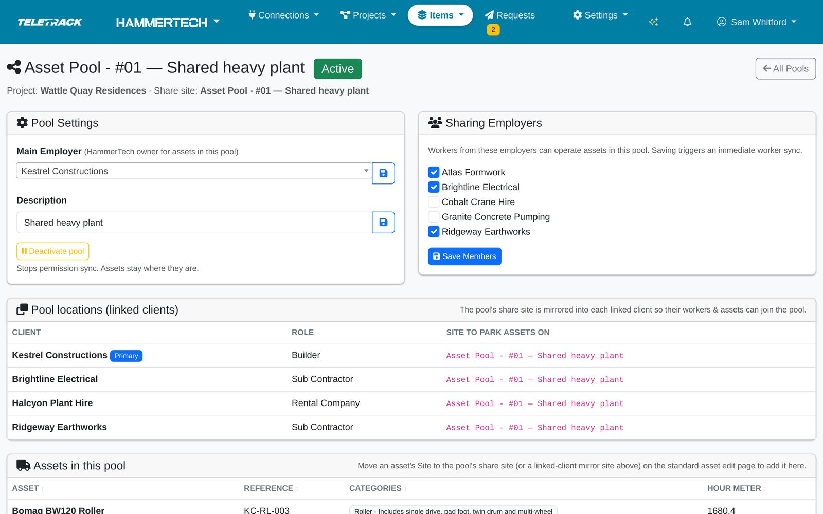Teletrack platform — Asset pool, Shared heavy plant