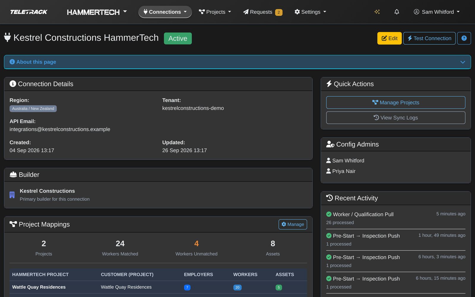 Teletrack platform — Connection dashboard