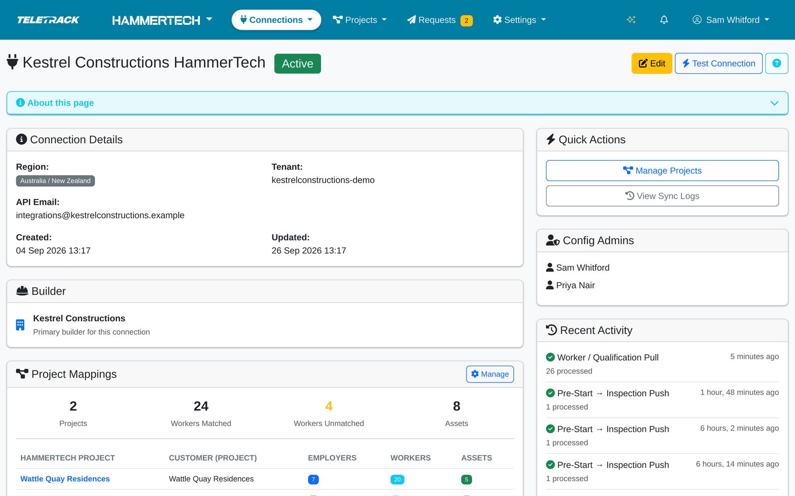 Teletrack platform — Connection dashboard
