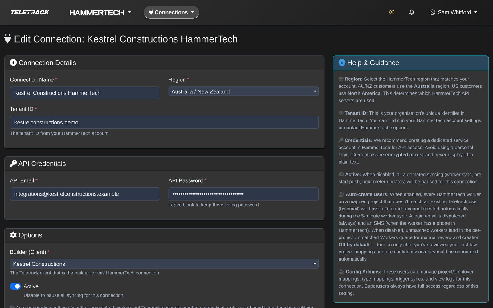 Teletrack platform — Connection form