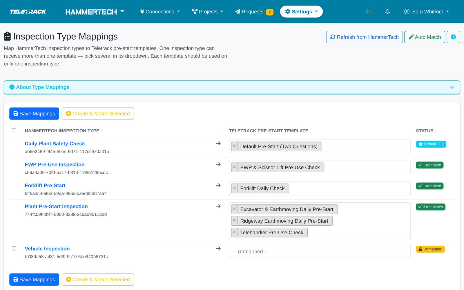 Teletrack platform — Inspection types