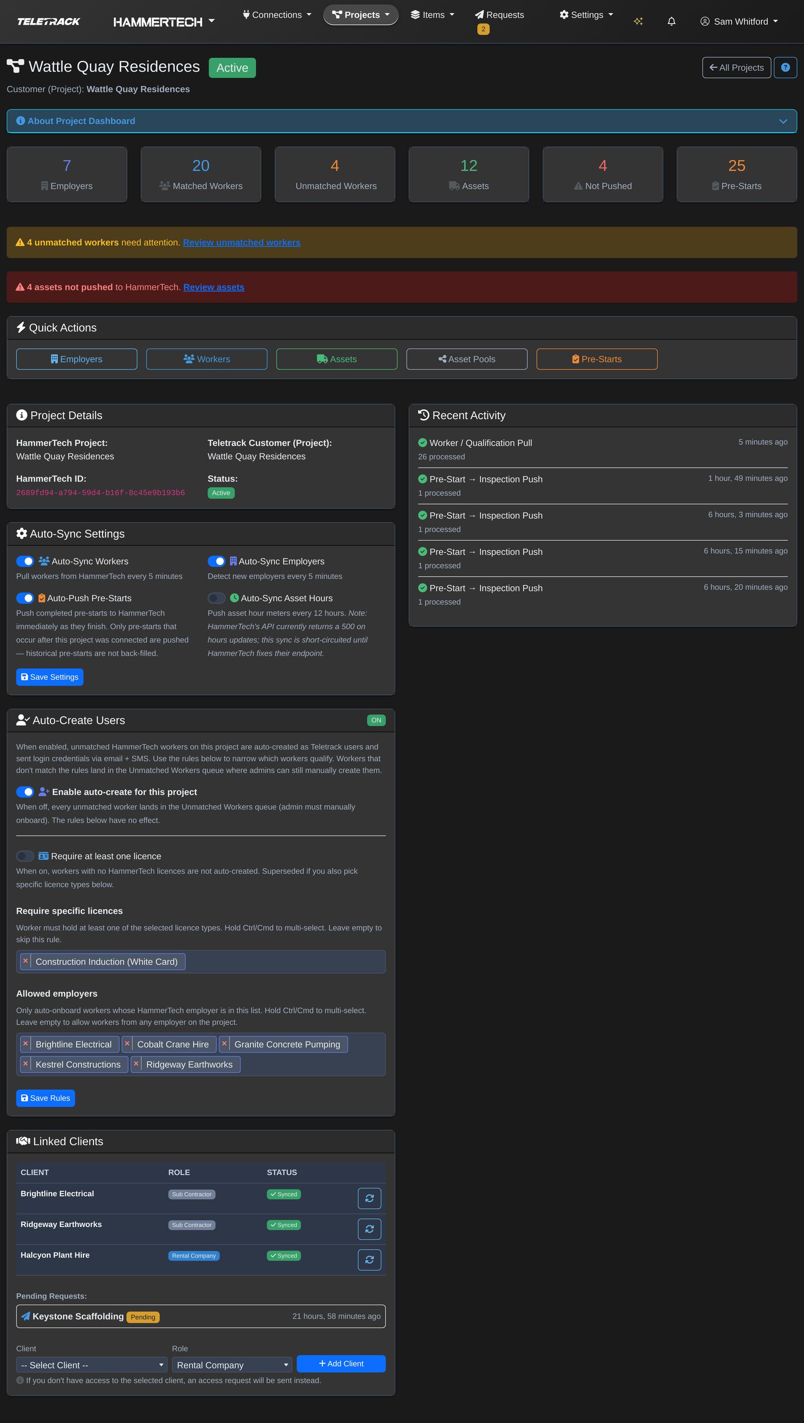 Teletrack platform — Project dashboard, full page