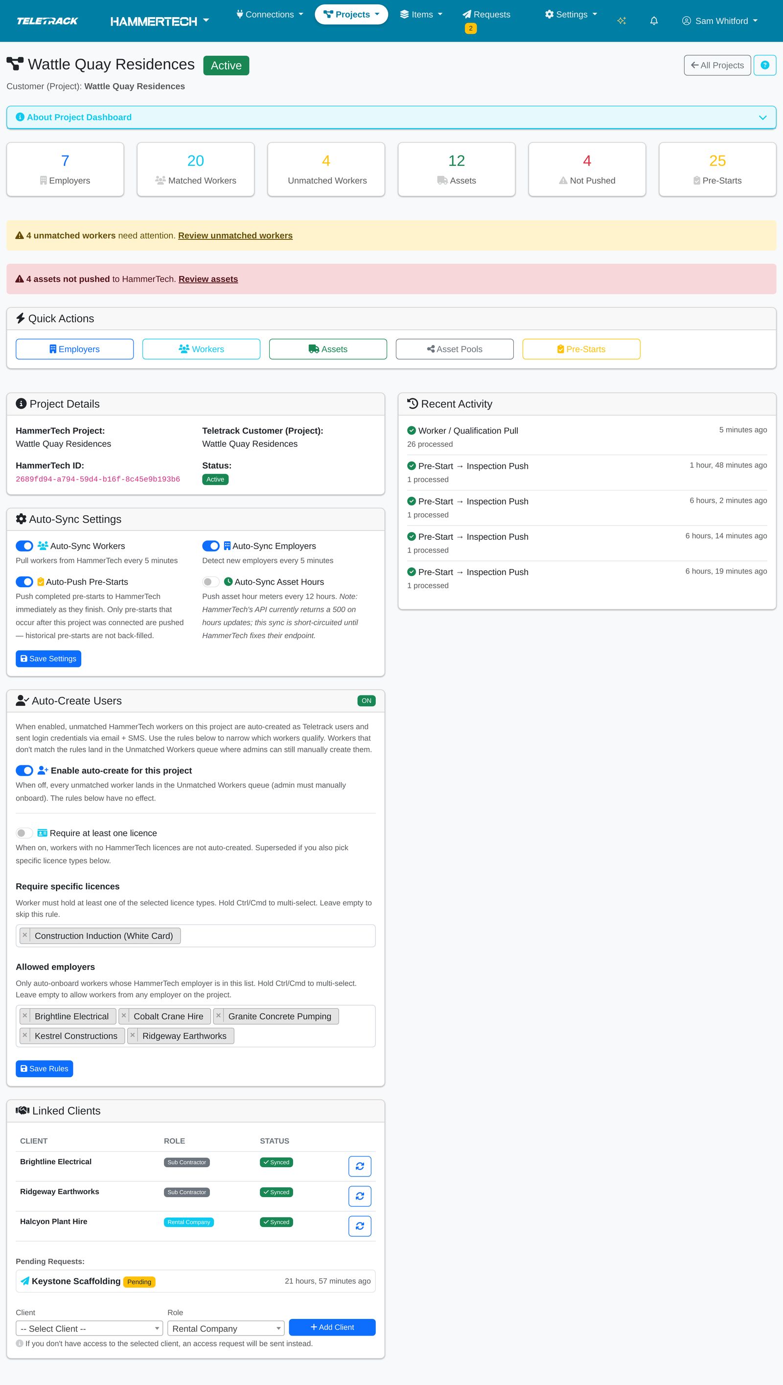 Teletrack platform — Project dashboard, full page