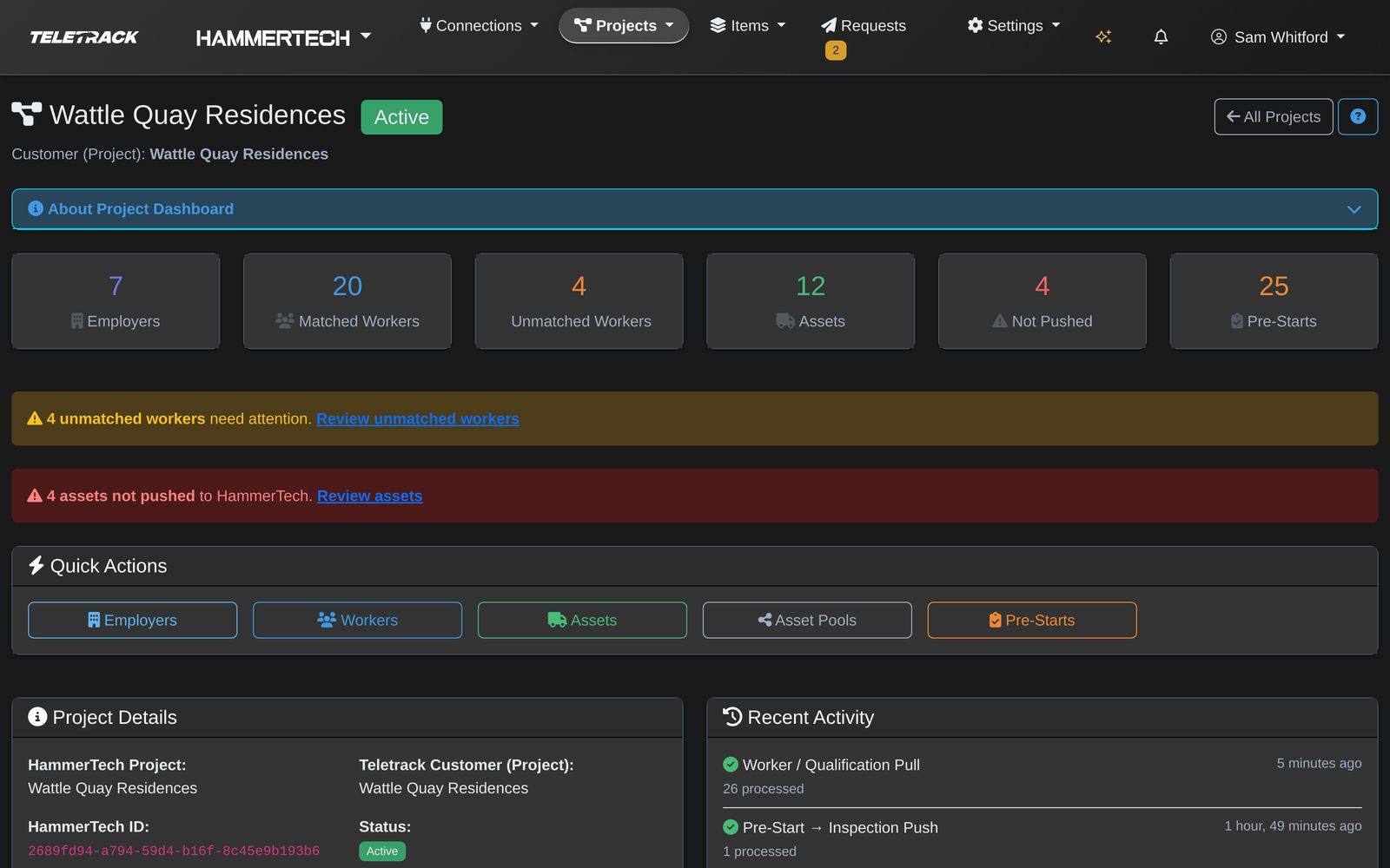Teletrack platform — Project dashboard, Wattle Quay Residences