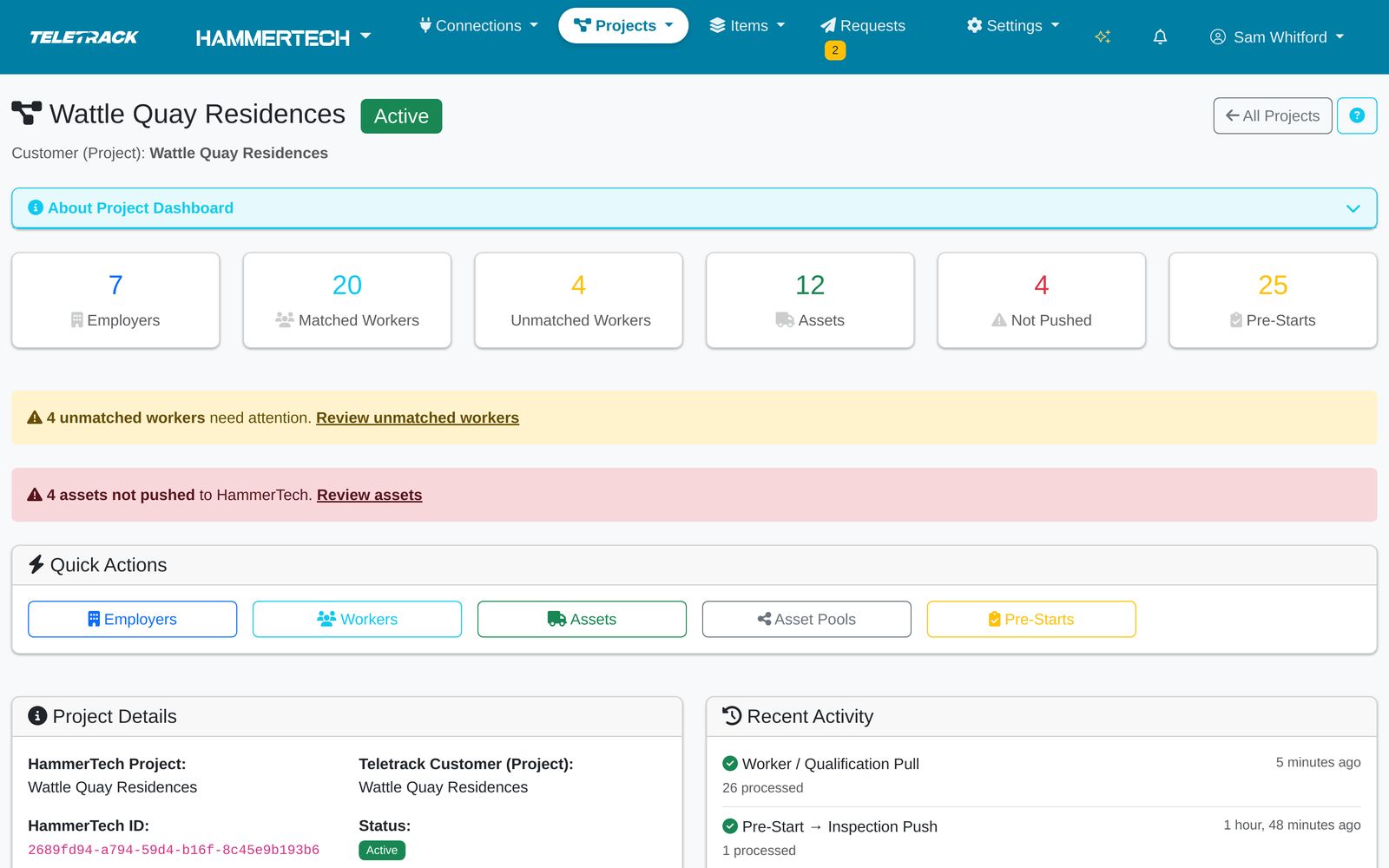 Teletrack platform — Project dashboard, Wattle Quay Residences