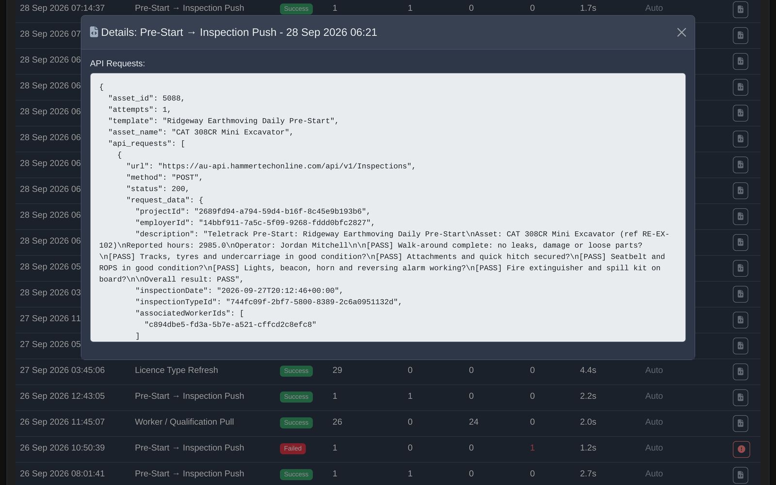 Teletrack platform — Sync log detail