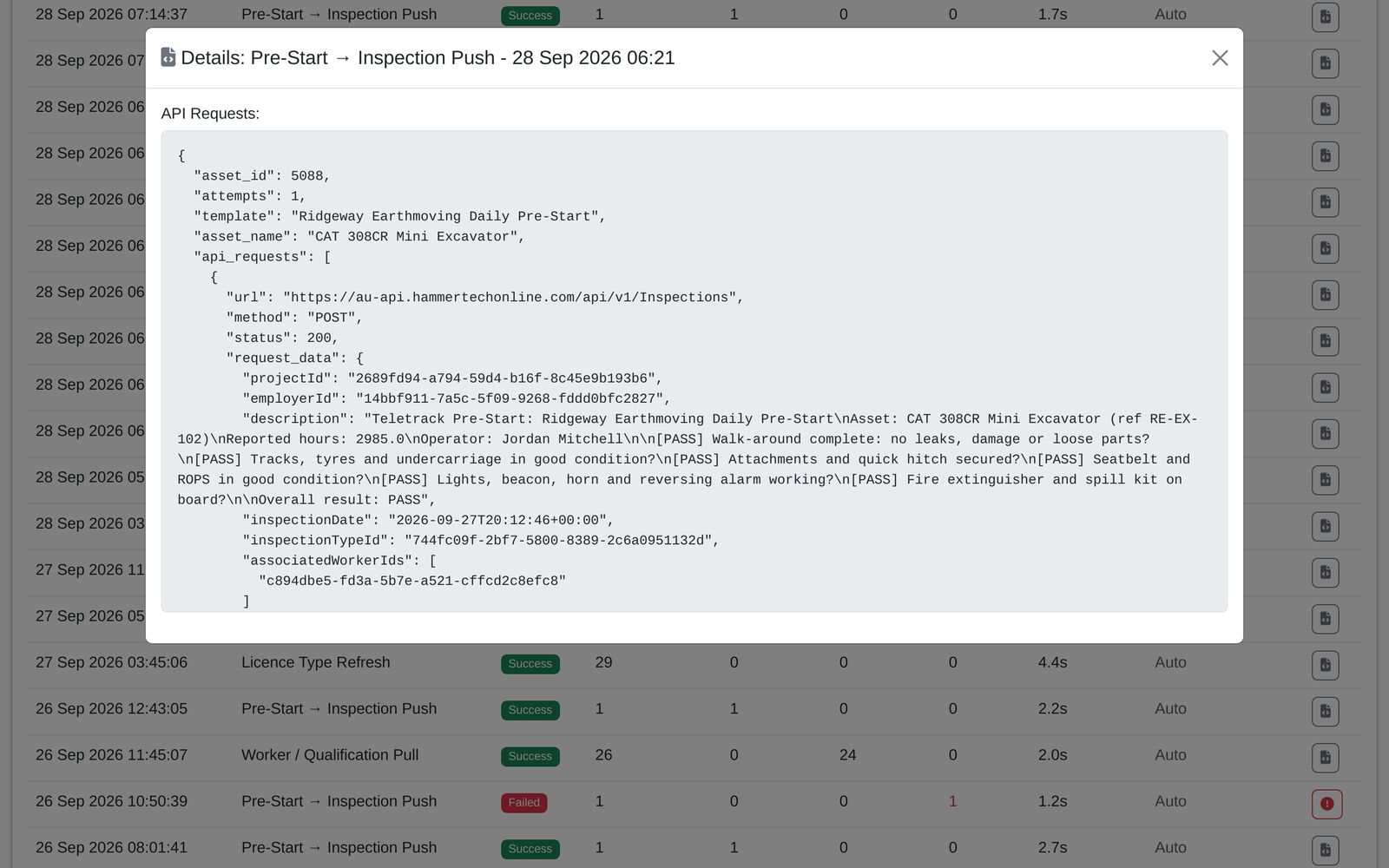 Teletrack platform — Sync log detail