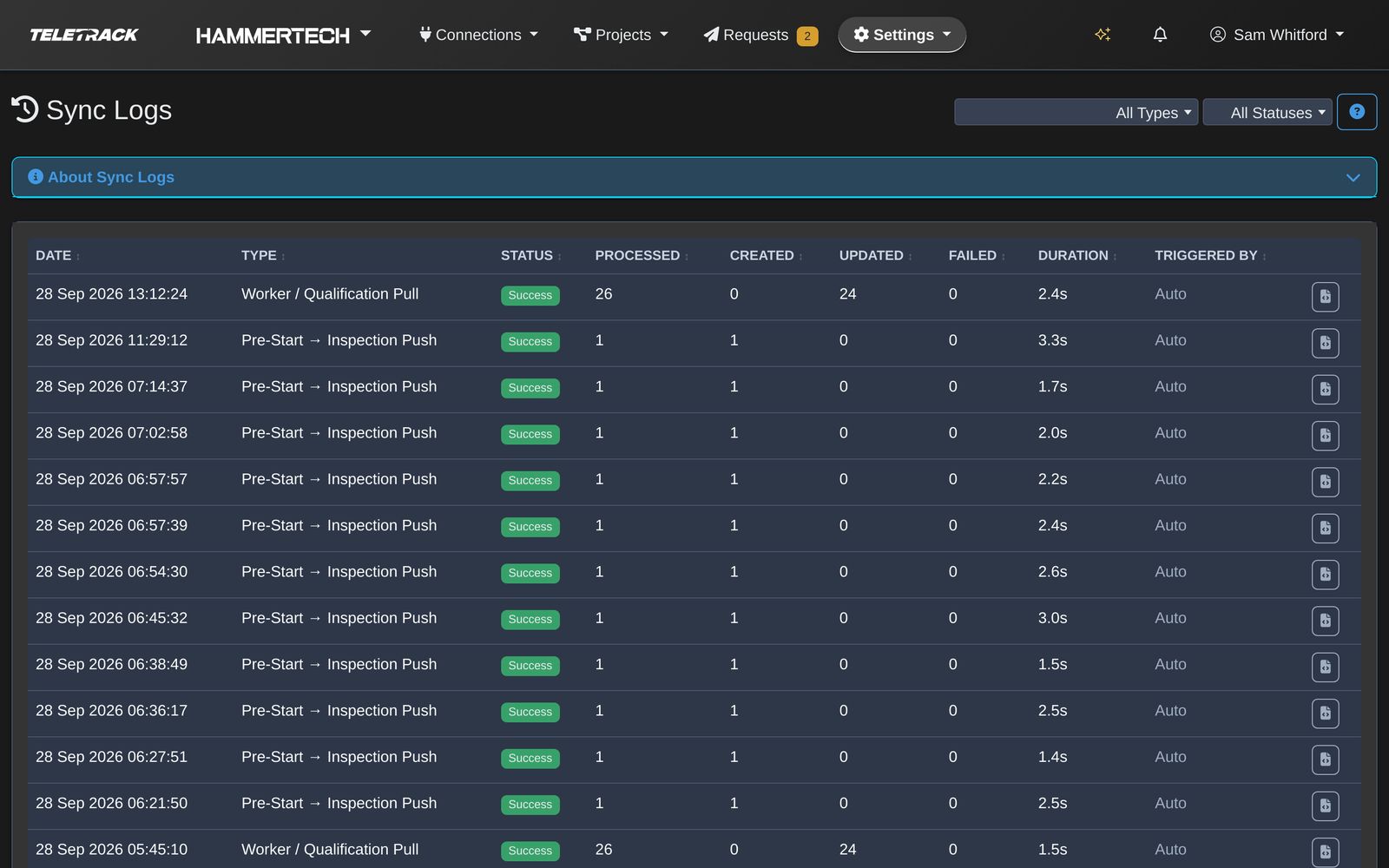 Teletrack platform — Sync logs