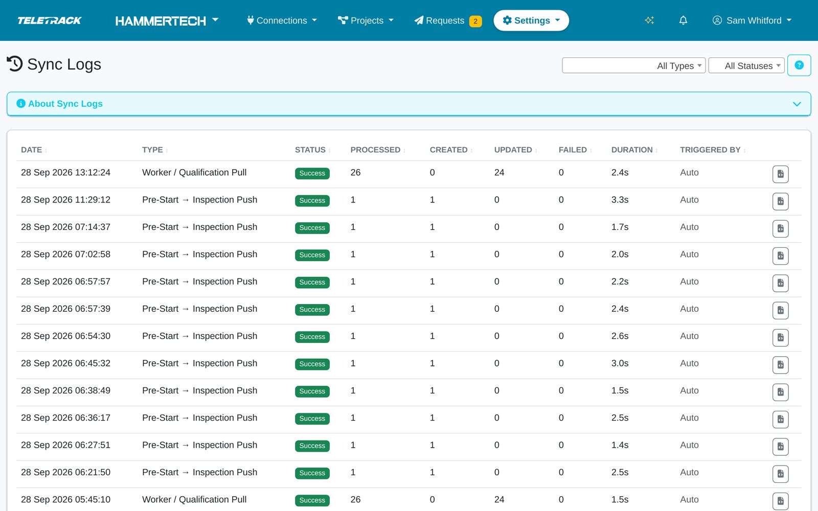 Teletrack platform — Sync logs