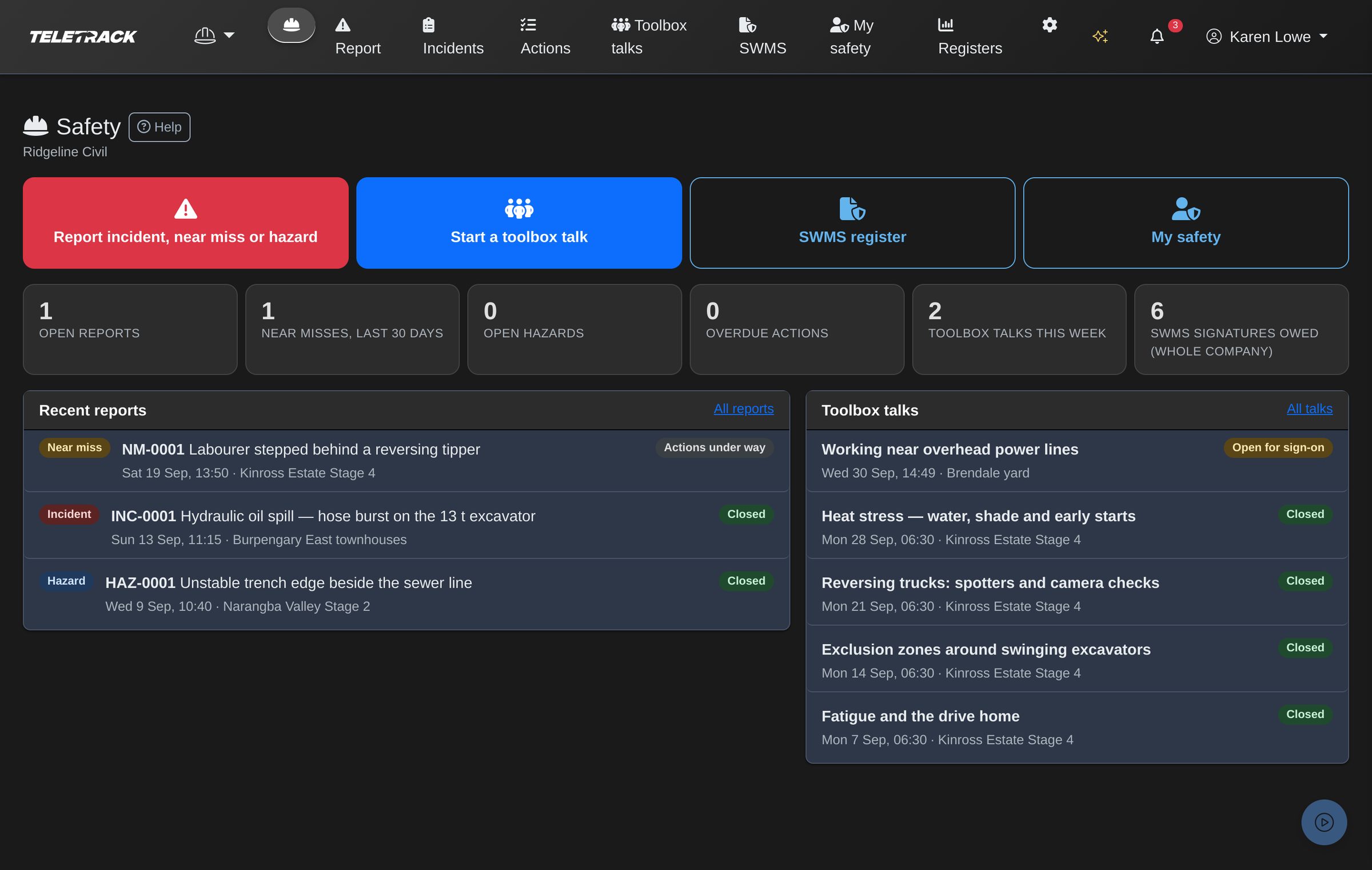 The Safety home page on a desktop: four big buttons (report an incident, near miss or hazard; start a toolbox talk; SWMS register; My safety), six count tiles, recent reports with type and status labels, and toolbox talks, one open for sign-on.