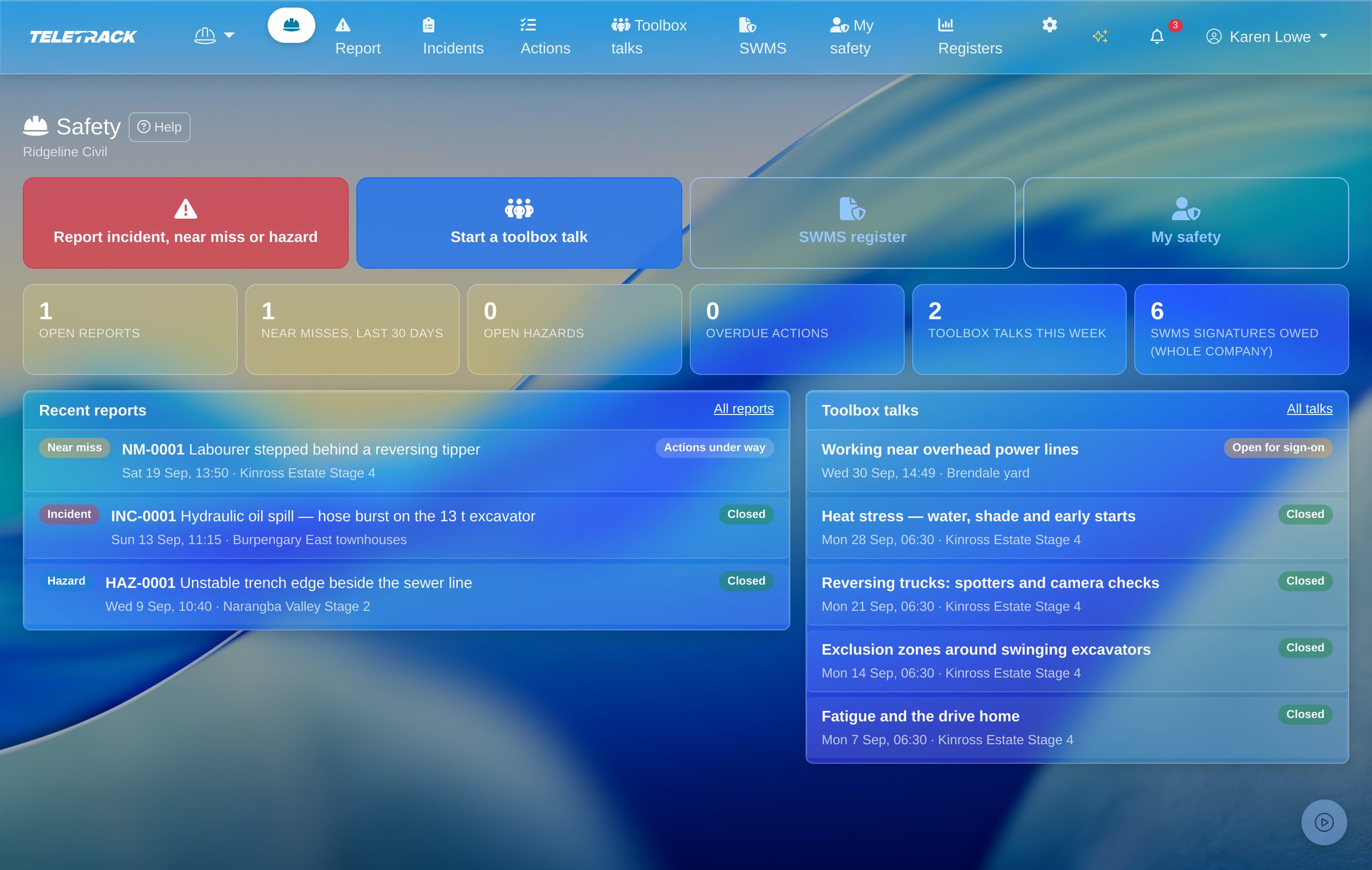 The Safety home page on a desktop: four big buttons (report an incident, near miss or hazard; start a toolbox talk; SWMS register; My safety), six count tiles, recent reports with type and status labels, and toolbox talks, one open for sign-on.