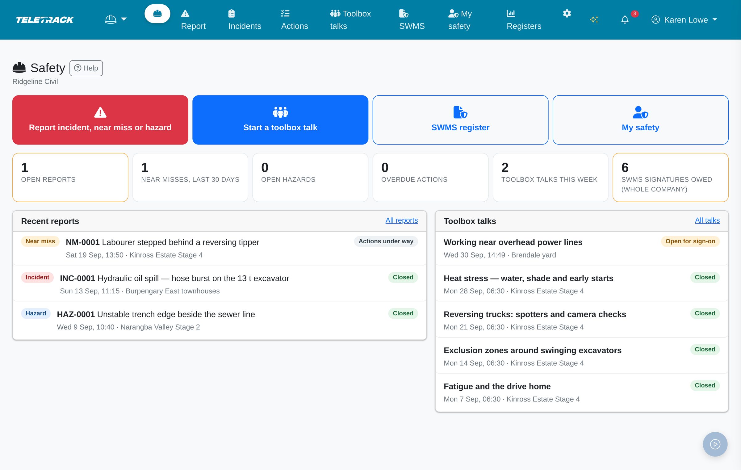 The Safety home page on a desktop: four big buttons (report an incident, near miss or hazard; start a toolbox talk; SWMS register; My safety), six count tiles, recent reports with type and status labels, and toolbox talks, one open for sign-on.