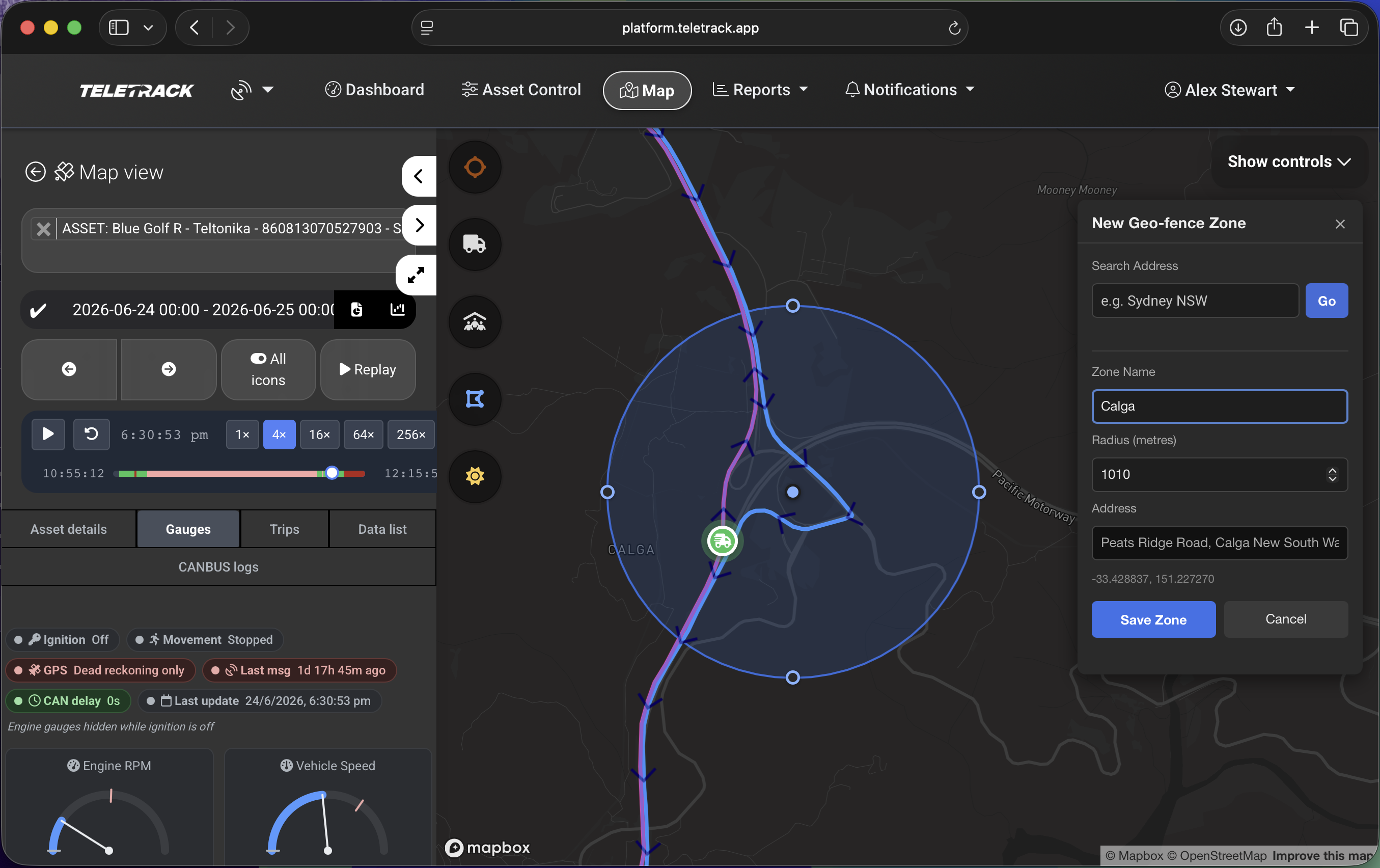 Teletrack platform — geofences on the fleet map