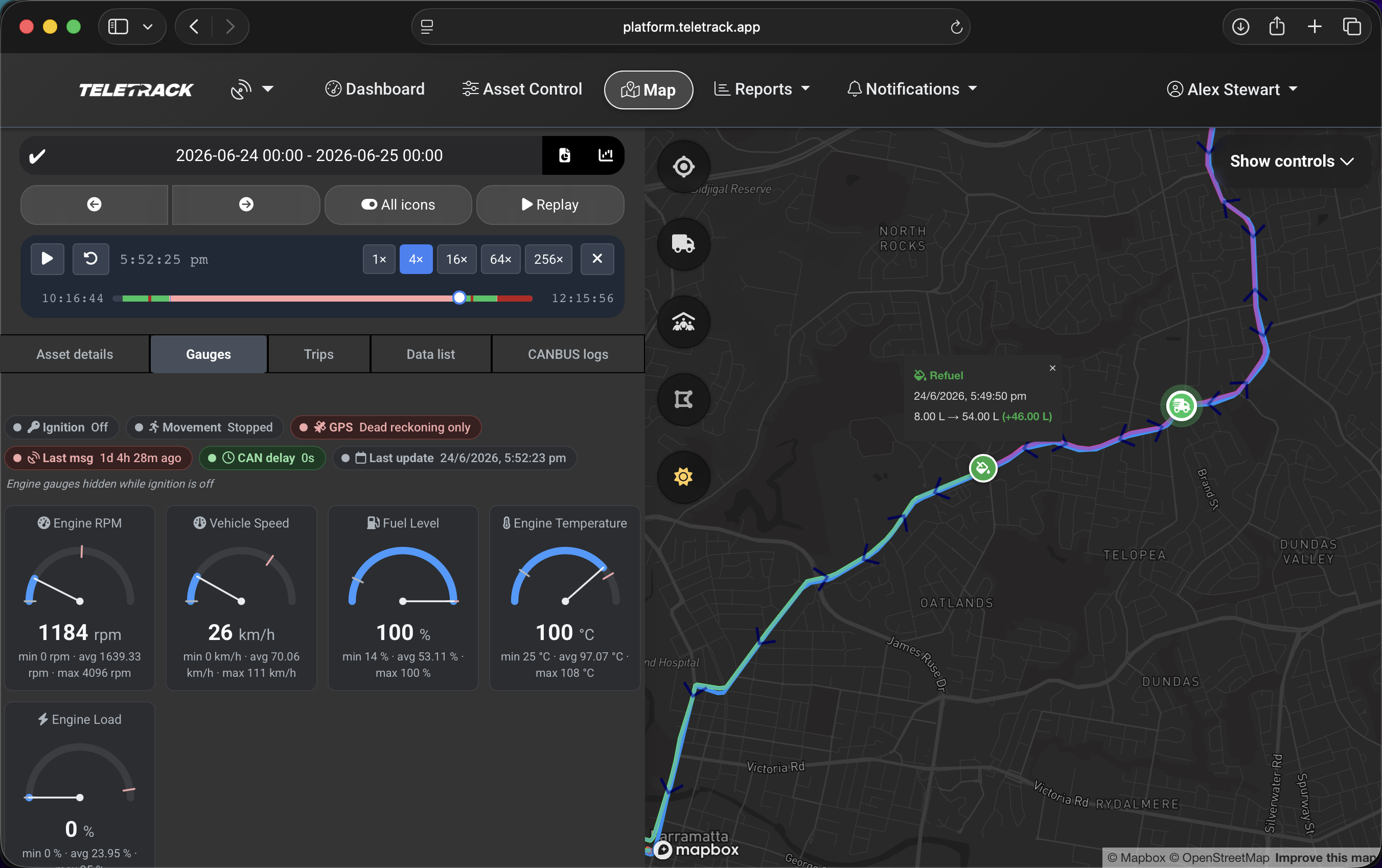 Teletrack platform — fleet map with trip history