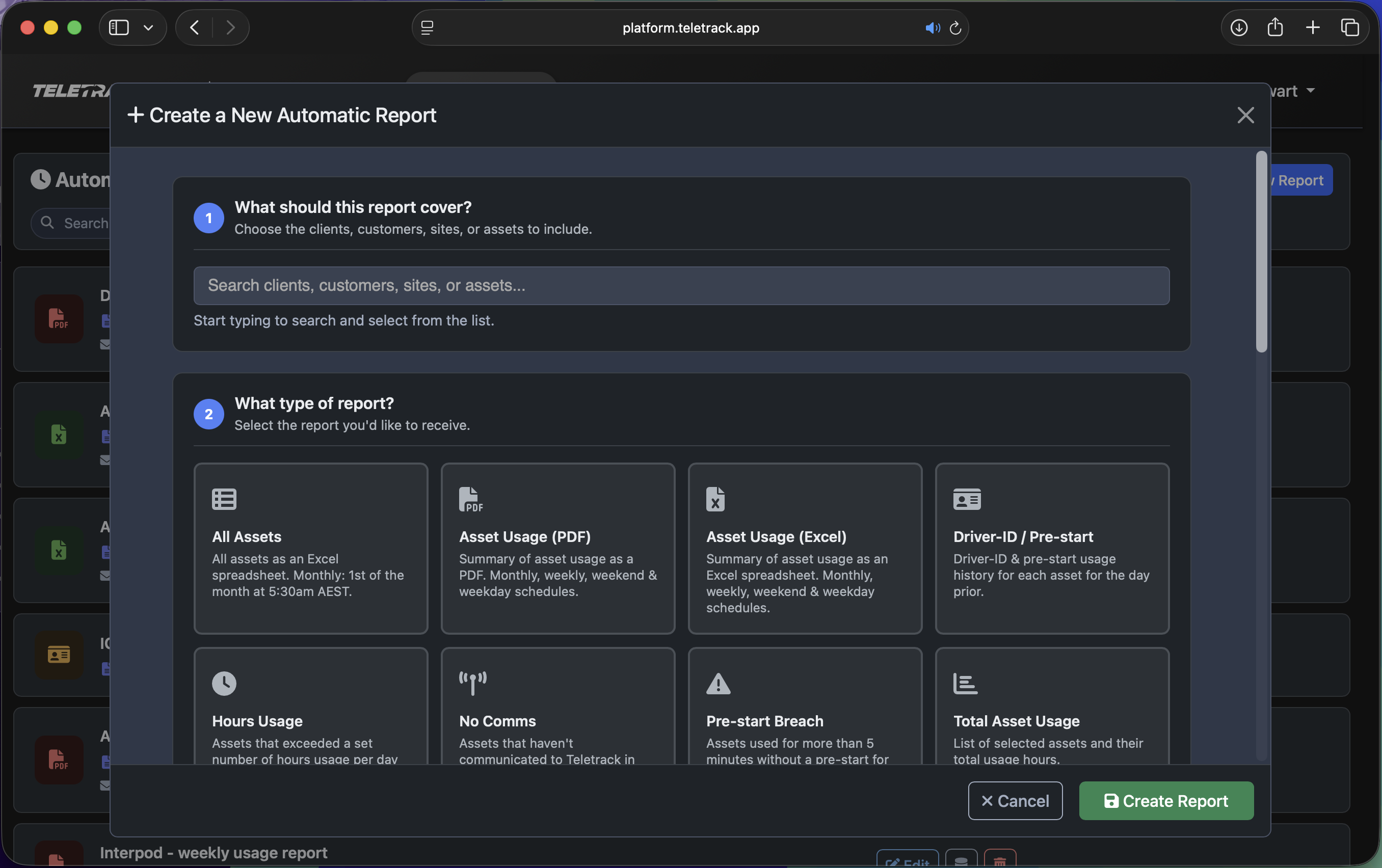 Teletrack platform — reports dashboard